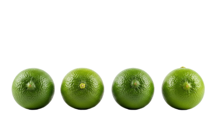 Four whole, vibrant green, plump, succulent limes with dimpled skin, arranged horizontally on a transparent background with copy space. Concept of natural purity and health
