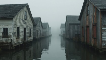 Foggy Canal Wooden Houses