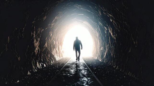 Silhouette of a person walking towards a bright light at the end of a long dark tunnel with textured rocky walls and a damp floor