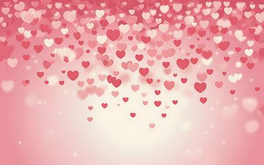 Falling bokeh hearts in various shades of pink and red creating soft focus