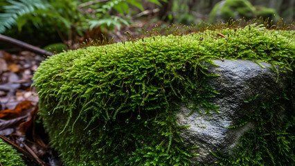 Close up view of soft green moss and tiny sprouts growing on a large rock in a forest