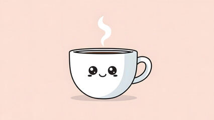 A cute white coffee cup with a smiling kawaii face and steam rising against a pink background