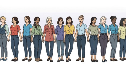 Fototapeta premium Diverse group of women holding hands representing unity and diversity isolated on white background for concept illustration