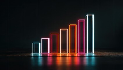 Glowing bar graph display with neon light outlines, set on a dark reflective surface