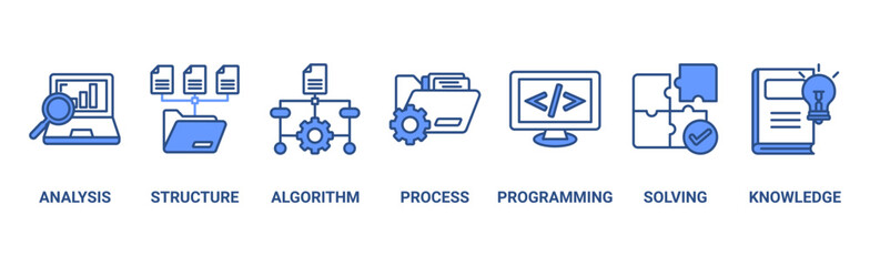 Data science banner web icon vector illustration concept with icon of analysis, structure, algorithm, process, programming, solving, knowledge