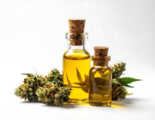 Two glass vials of yellow liquid are positioned between cannabis buds, corked, against a white background