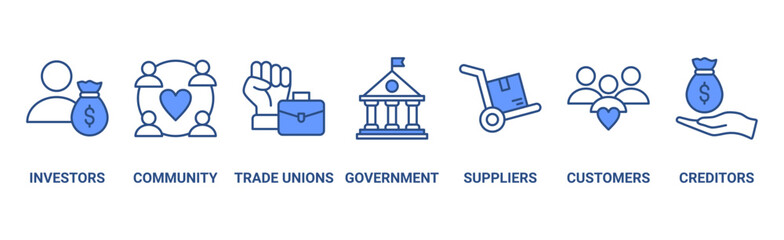Stakeholder relationship banner web icon vector illustration concept for stakeholder, investor, government, and creditors with icon of community, trade unions, suppliers, and customers