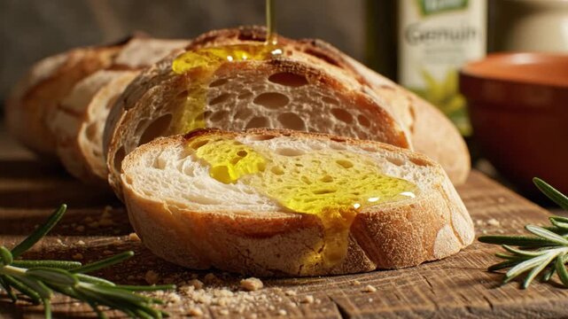 Delicious sliced crusty bread being drizzled with high-quality extra virgin olive oil for a tasty snack