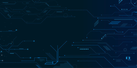 Glowing light blue neon AI chip with thin circuit contact lines. Technology lines circuit and dots on blue background, circuit board network connection.