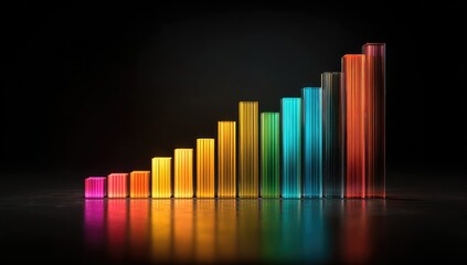 Colorful glowing bar graph ascending on a reflective dark surface, showing growth