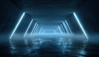 A geometric, concrete tunnel with blue neon lights and misty atmosphere