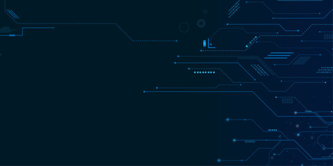 Technology connected blue lines with electronics elements on tech bg. Vector futuristic blue wires on a circuit board on a dark technological background.