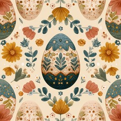 Colorful floral pattern with a large egg in the center