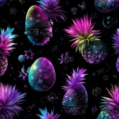 Colorful and psychedelic pattern of eggs and pineapples