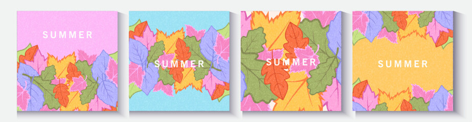 Summer greeting clipart banner poster set. spring tropical leaves. Creative concept of summer bright cards set with abstract colorful tropical leaves. Modern art minimalist style design templates.