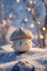 Cute mushroom character with rosy cheeks and a fuzzy hat in a snowy forest with bokeh lights