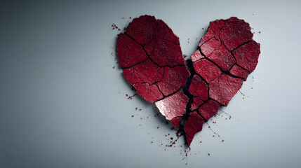 Cracked and broken red heart on plain background, representing emotional pain, heartbreak, lost love and the aftermath of Valentine&rsquo;s Day in symbolic form