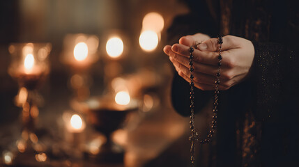 Close-up of priest holding rosary beads in dim candlelit setting, symbolizing faith, prayer and spiritual devotion during a sacred religious moment