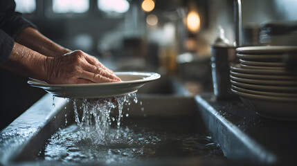 Close-up of person washing dishes in kitchen sink with water splashing, illustrating daily home routine, cleanliness and manual dishwashing in natural light