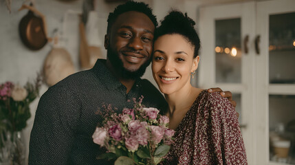 Smiling couple embracing in a cozy home with bouquet of flowers, celebrating love and connection on Valentine&rsquo;s Day in a warm and intimate atmosphere
