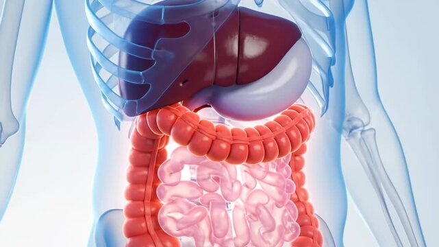 Human digestive system anatomy illustration showing internal organs in the body.
