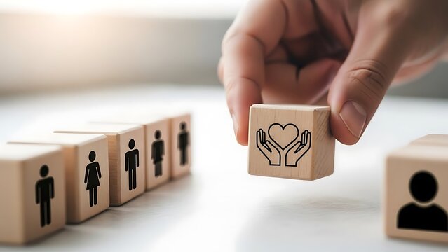 Hand placing heart and hands block among people icons on table - Powered by Adobe