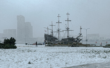 Winter in Gdynia, Baltic Sea embankment
