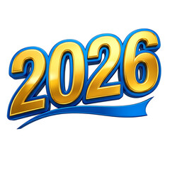 2026 golden blue 3D text design with ribbon.