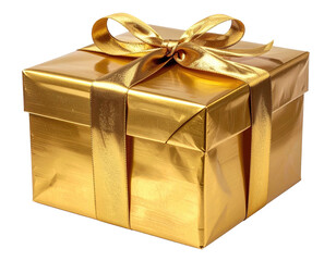 Shiny gold box with ribbon bow against a black background