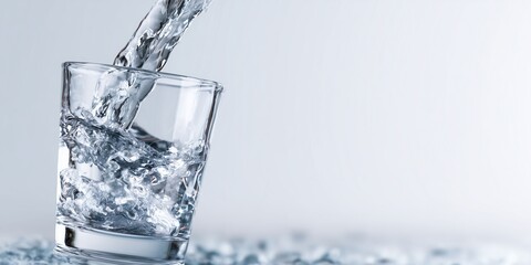 Close-up of clean running water being poured into a transparent glass on a white background, purity and hydration concept.