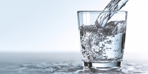 Close-up of clean running water being poured into a transparent glass on a white background, purity and hydration concept.