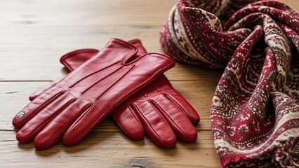 Red Leather Gloves and Scarf on Wood.