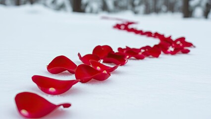 Red rose petals on snow ground.