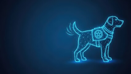 Fototapeta premium A neon wireframe illustration of a service dog with a digital badge glowing on its back