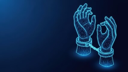 Naklejka premium A pair of hands shackled with glowing blue handcuffs against a dark background symbolizing restriction and lack of freedom