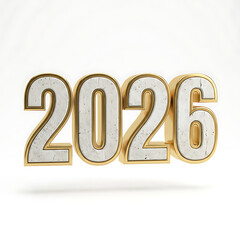 2026 golden and white 3D numbers isolated on white background.