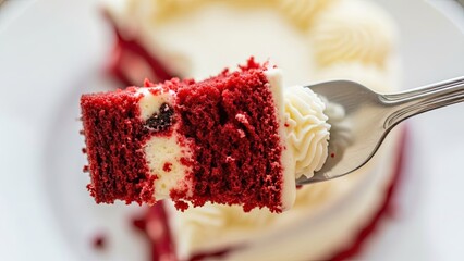 Red Velvet Cake Slice on Fork.