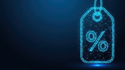 Digital discount tag with percent symbol glowing on a futuristic dark blue network background representing sale and promotion
