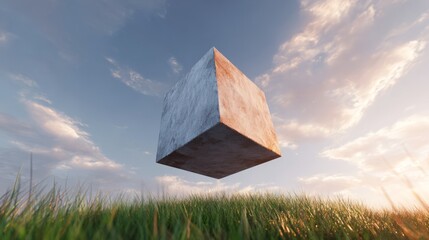 Floating Concrete Cube in Grassy Landscape