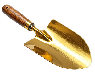 Shiny gold trowel with wood handle on black background