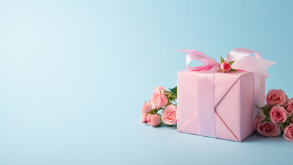 Gift, present box decorated with pink ribbon bow, pink rose flowers on light blue background. Valentine's day, 14 February, birthday, 8 march women's day gift. Love and romance.
