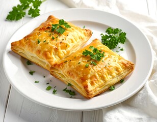 Two golden-brown, square pastries sit on a white plate, garnished with green herbs, on a wooden table