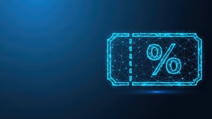 Digital glowing coupon icon with percentage symbol on dark blue background representing sale offer