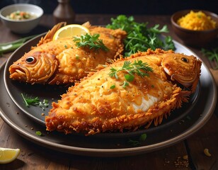 Two golden-fried whole fish are artfully arranged on a platter, garnished with lemon and fresh herbs. Sides of rice and greens complete the appetizing scene