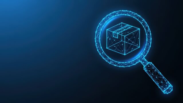 Digital search magnifying glass over a glowing wireframe package symbolizing logistics and delivery tracking technology