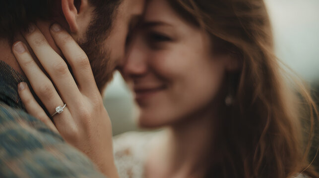 Close-up of engaged couple sharing tender moment, with focus on engagement ring and emotional connection, symbolizing love and romance - Powered by Adobe