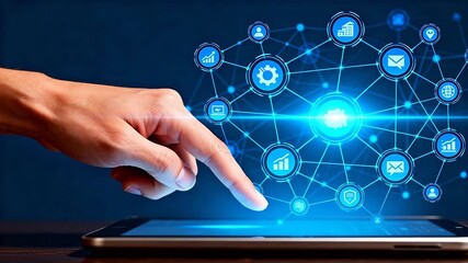 Hand interacting with digital network icons - Powered by Adobe