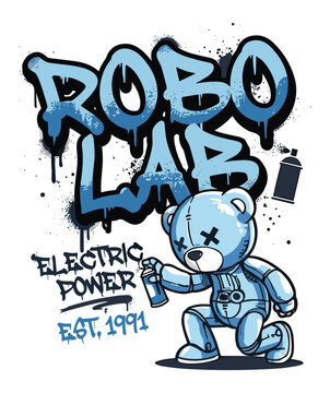 Graffiti-style vector illustration of a blue robotic teddy bear with 'ROBO LAB' text and spray paint elements.