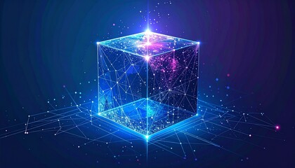 Futuristic digital cube emitting light, surrounded by glowing network of colored nodes and lines on blue gradient background.