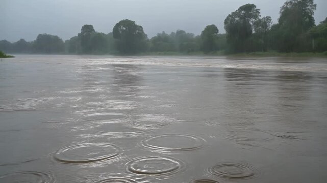 Tropical river in heavy rain creates ripples on muddy water surface lush jungle background moody weather.